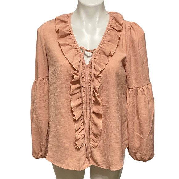 Melograno Medium Long Sleeve Neck Tie Rico Ruffle Boho Blouse - Picture 2 of 7